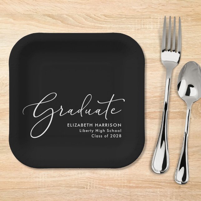 Plato De Papel Elegante Script Black Graduation Party (Subido por el creador)