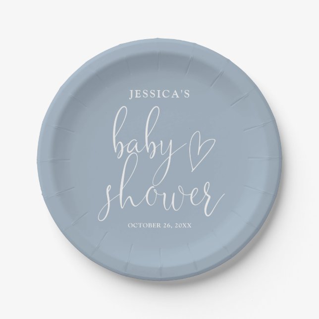 Plato De Papel Elegante Script Dusty Blue Baby Shower (Anverso)