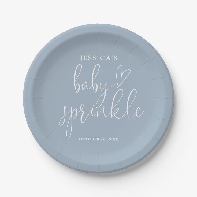 Plato De Papel Elegante Script Dusty Blue Baby Sprinkle Shower (Anverso)