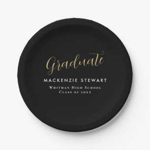 Plato De Papel Elegante Sencillo Guión Dorado Graduación Negro