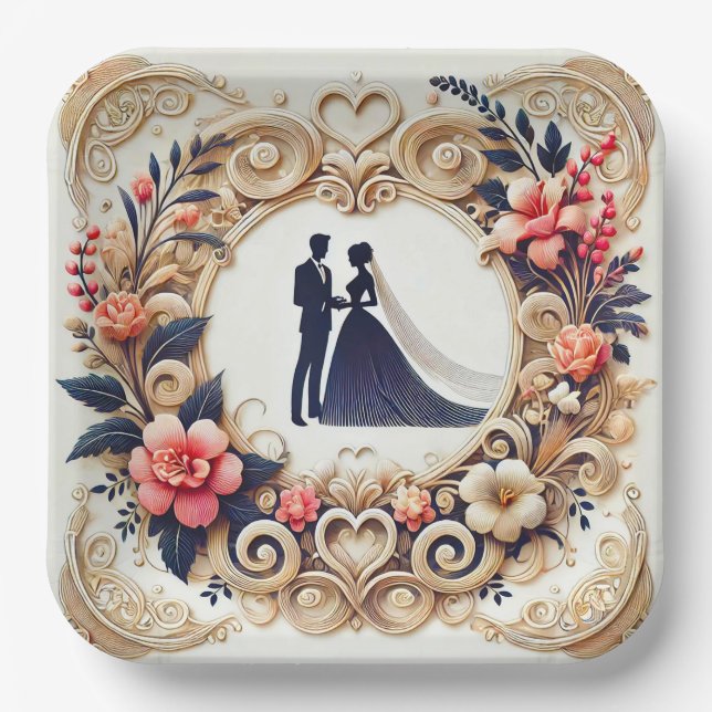 Plato De Papel Elegante Silueta de Boda Enmarcada (Anverso)
