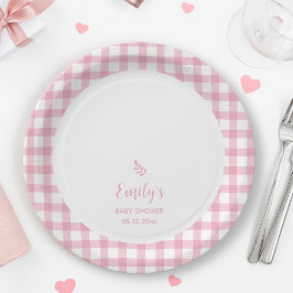Plato De Papel Elegante simple bebé rosa Gingham Chica Baby Showe