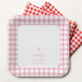 Plato De Papel Elegante simple bebé rosa Gingham Chica Baby Showe