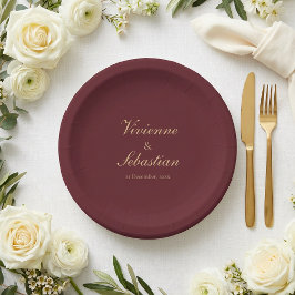 Plato De Papel Elegante Simple Burdeos Letra Minima Boda