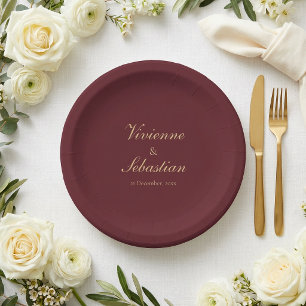 Plato De Papel Elegante Simple Burdeos Letra Minima Boda