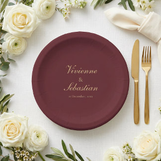 Plato De Papel Elegante Simple Burdeos Letra Minima Boda