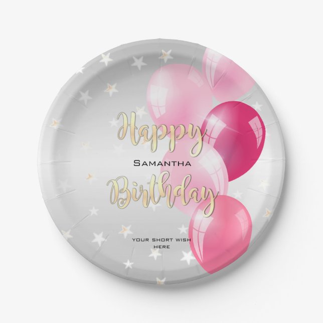 Plato De Papel Elegante Starry Happy Birday and Pink Balloons (Anverso)