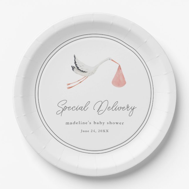 Plato De Papel Elegante Stork Baby Shower (Anverso)