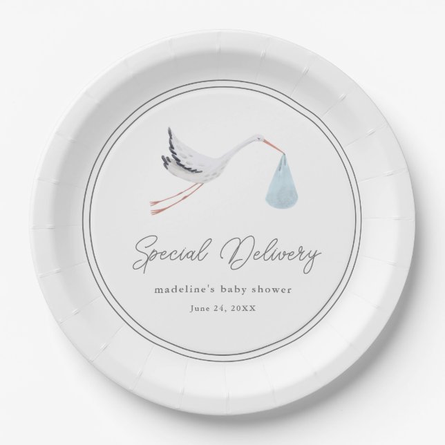 Plato De Papel Elegante Stork Baby Shower (Anverso)