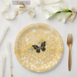 Plato De Papel Elegante Sunflower Sparkle Black Butterfly Gold