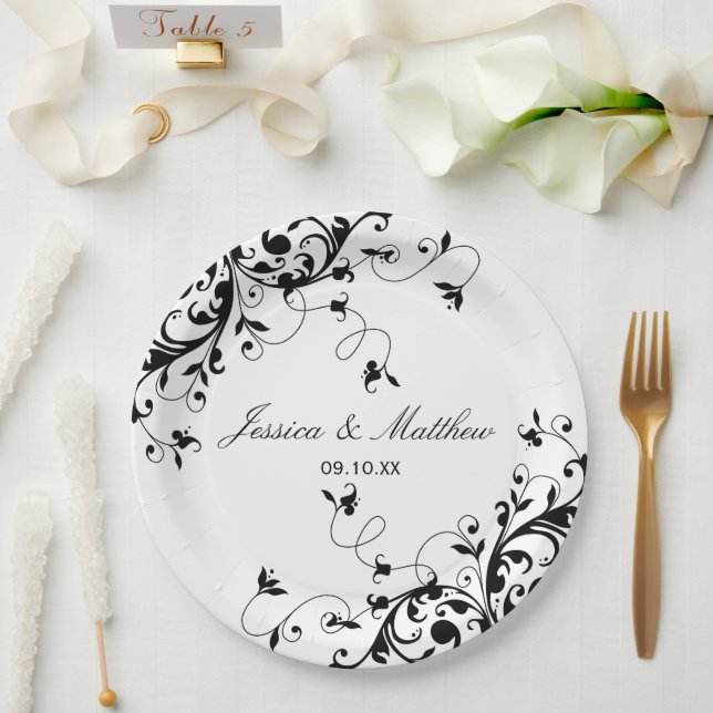 Plato De Papel Elegante Swirls Boda Blanco y Negro (Boda)