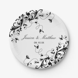 Plato De Papel Elegante Swirls Boda Blanco y Negro