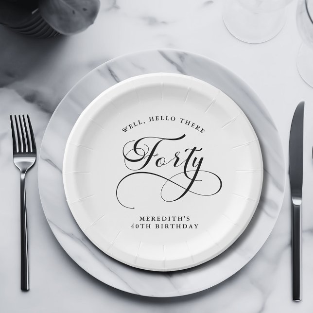Plato De Papel Elegante Swirly Calligraphy 40 Fiesta de cumpleaño (Elegant Swirly Calligraphy 40th Birthday Party Personalized Paper Plates)