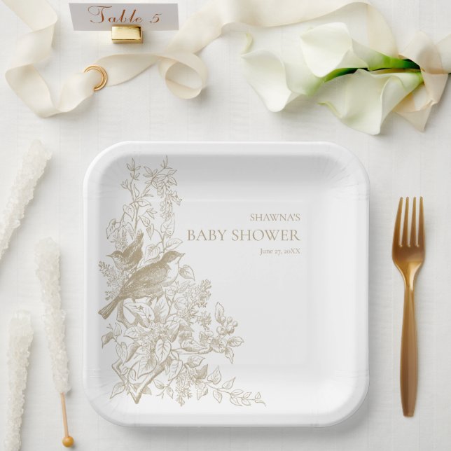 Plato De Papel Elegante Tan Chinoiserie Naturaleza Aves Baby Show (Boda)