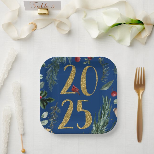 Plato De Papel Elegante Tarjeta Rustica Azul 2025 de Año Nuevo (Boda)