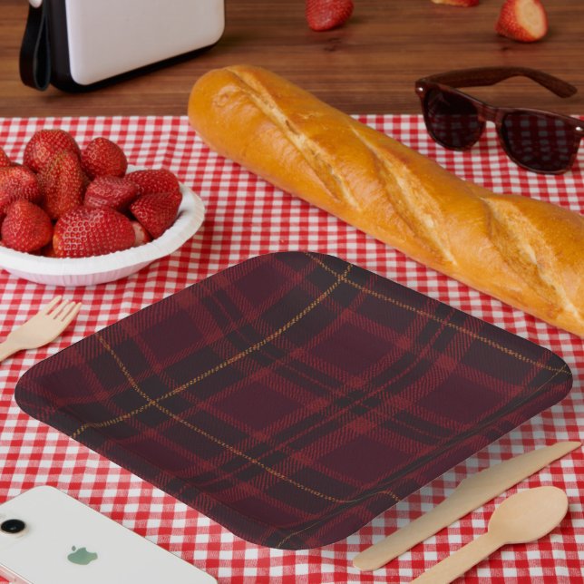 Plato De Papel Elegante Tartán Burgundy (Picnic)