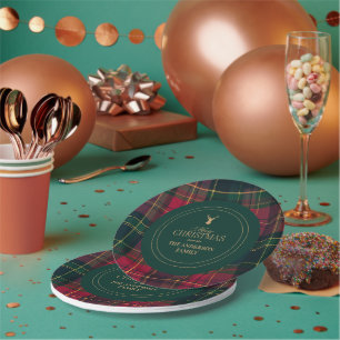 Plato De Papel Elegante Tartán Cuadro Navidad Nombre de la Famili