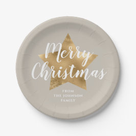 Plato De Papel Elegante Taupe Faux Gold Star Feliz Navidad