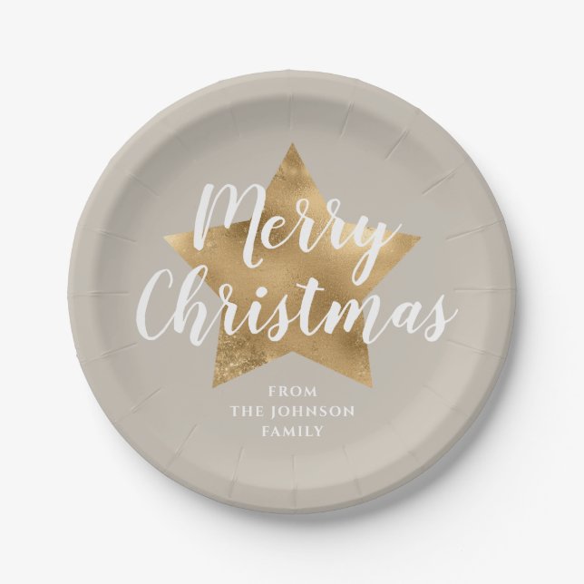 Plato De Papel Elegante Taupe Faux Gold Star Feliz Navidad (Anverso)