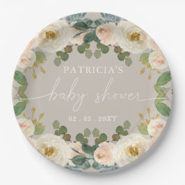 Plato De Papel Elegante Taupe Peach Floral Baby Shower