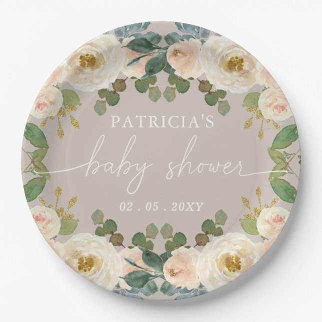 Plato De Papel Elegante Taupe Peach Floral Baby Shower (Anverso)