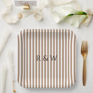 Plato De Papel Elegante Taupe Stripes Boda a rayas de verano