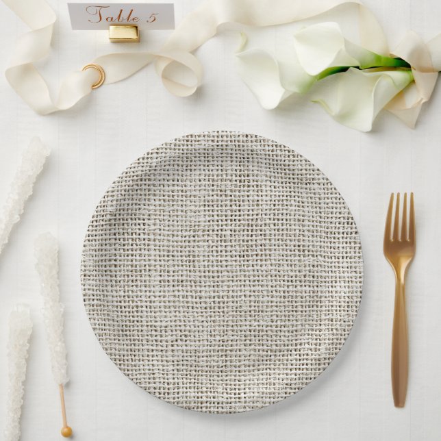 Plato De Papel Elegante tela de lino falso beige neutro  (Boda)