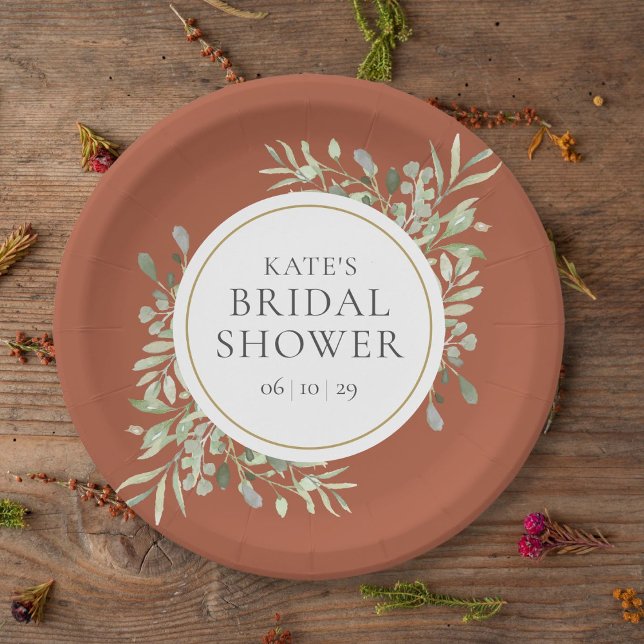 Plato De Papel Elegante Terracota Gold Greenery Shower (Elegant Terracotta Gold Greenery Bridal Shower Paper Plates)