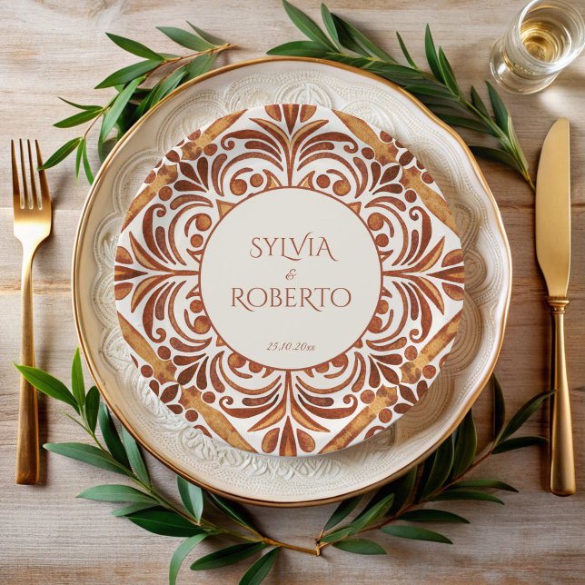 Plato De Papel Elegante Terracota Mexicana Talavera boda (Elegant Terracotta Talavera vintage Mexican wedding monogrammed  Paper Plates personalized decor)