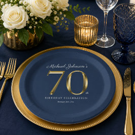 Plato De Papel Elegante Texto de Oro Sólido Azul Marino Cumpleaño