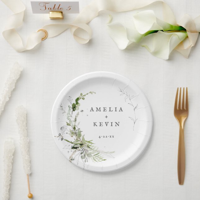 Plato De Papel Elegante Tierra Verde Nombres Personalizados Fecha (Boda)