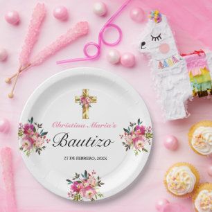 Plato De Papel Elegante Tinta Floral Bautizo Cruz De Oro