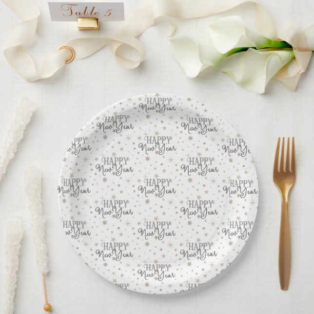 Plato De Papel Elegante tipografía Estrellas Gris Blancas Feliz A (Boda)