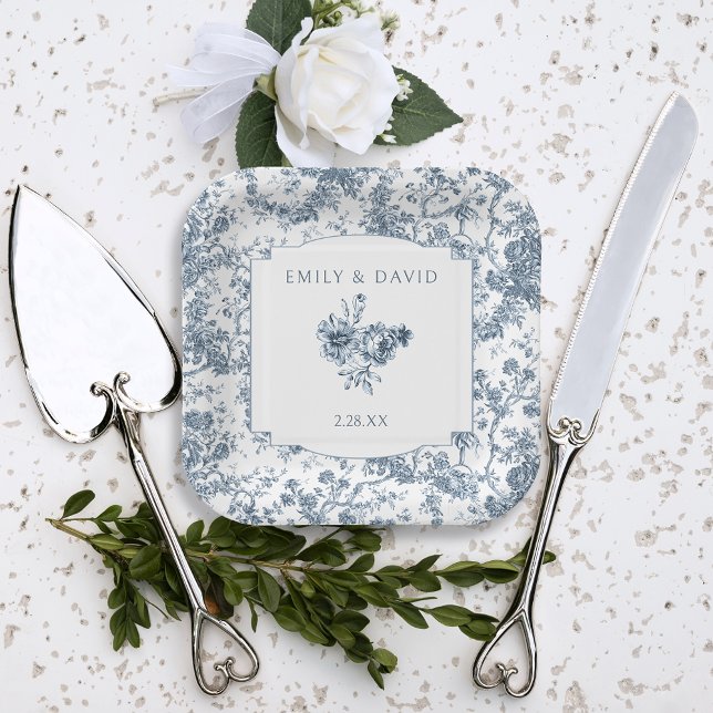 Plato De Papel Elegante toile floral azul francés grabado (Subido por el creador)