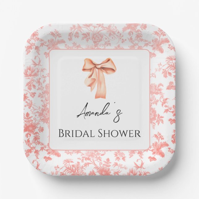 Plato De Papel Elegante Toile Rosa Floral Bridal Ducha Brunch (Anverso)