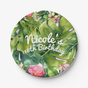 Plato De Papel Elegante Tropic Green Leaves Floral Watercolor