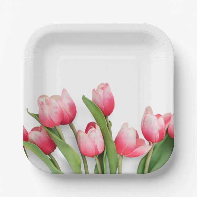 Plato De Papel Elegante Tulipán Primavera Rosa Floral (Anverso)