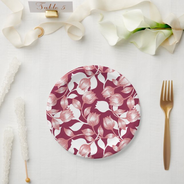 Plato De Papel Elegante Tulipán Rojo Silueta Floral Patrón II (Boda)