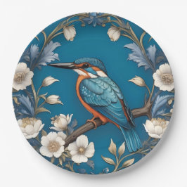 Plato De Papel Elegante Turquoise Kingfisher Bird Floral