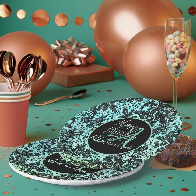 Plato De Papel Elegante Turquoise Oscuro Moody Floral Cumpleaños (Multi)