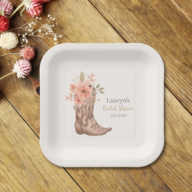 Plato De Papel Elegante vaquero floral bota ducha de novia (Elegant Floral Cowboy Boots Cowgirl Bridal Shower Paper Plates)