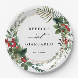 Plato De Papel Elegante vegetación de invierno bayas rojas festiv