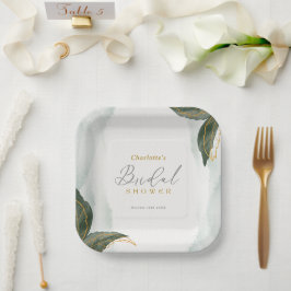 Plato De Papel Elegante Vegetación Dorada Watercolor Ducha Bridal