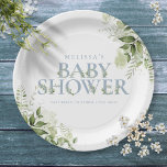 Plato De Papel Elegante vegetación Dusty Blue Baby Shower<br><div class="desc">Un elegante plato de papel para bebé con una tipografía azul polvorienta de moda y vegetación botánica de bonito. Diseñado por Thisisnotme©</div>