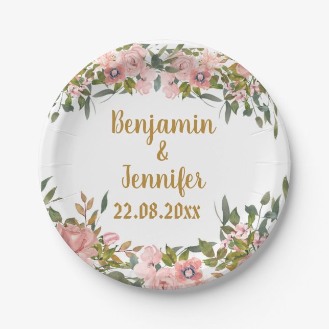 Plato De Papel Elegante vegetación floral rosa y Boda dorado (Anverso)