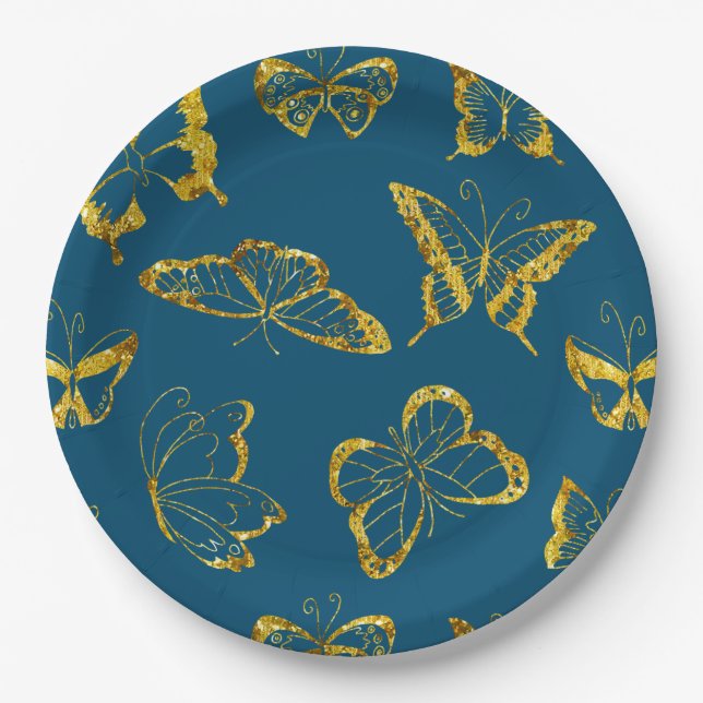 Plato De Papel Elegante Verde azulado Blue Gold Butterflies Cumpl (Anverso)