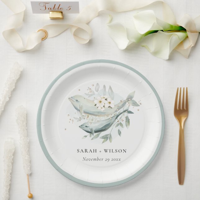 Plato De Papel Elegante Verde azulado Boda de pescado floral suba (Boda)