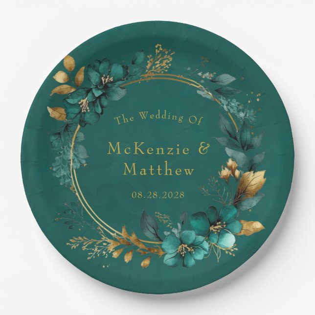 Plato De Papel Elegante Verde azulado y Boda de acuarela dorada F (Anverso)