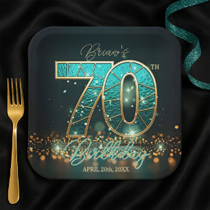 Plato De Papel Elegante Verde azulado y oro Vidrio Manchado 70 cu