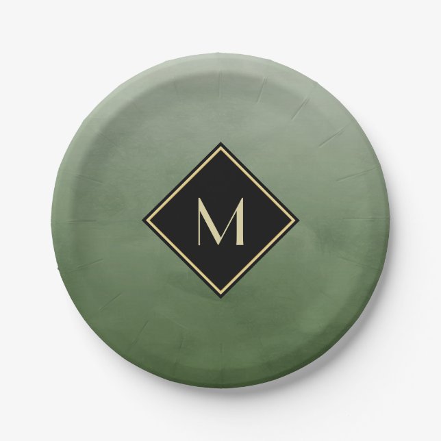 Plato De Papel Elegante Verde Cepillado Con Simple Monograma De O (Anverso)
